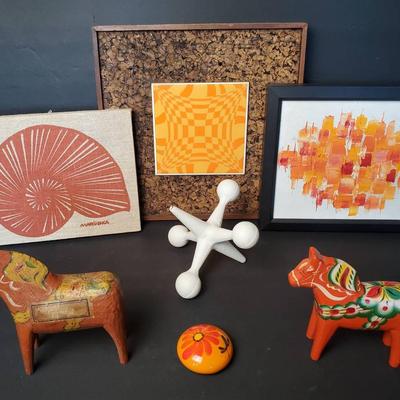 MCM Decor: Cast Iron Jack Bookend, Dala Horses, Corkboard & Prints On Fabric