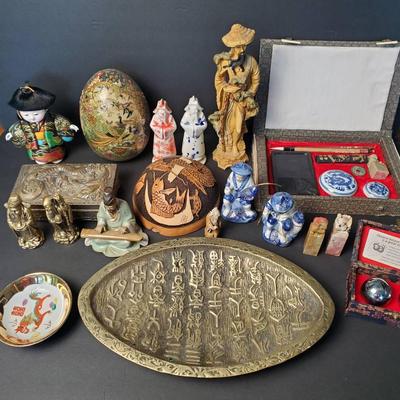 Asian Decor: Satsuma Style Ceramic Egg, Calligraphy Set With Chop Mark Stamps, Brass Tray, More