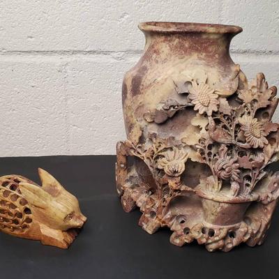 Carved Soapstone Vase 9.5”h & Rabbit Figurine