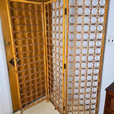 Vintage Boho Three--Panel Rattan Room Divider / Screen