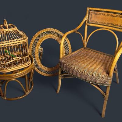 Rattan & Wicker Chair 21x22x32”, Wicker Wall Mirror 24x20”, Bird Cage & Ottoman
