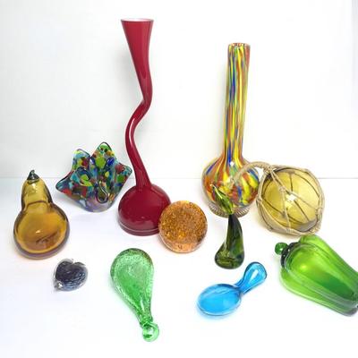 Art Glass: Paperweights, Blenko Pear, Vases, Penguin Figurine, More