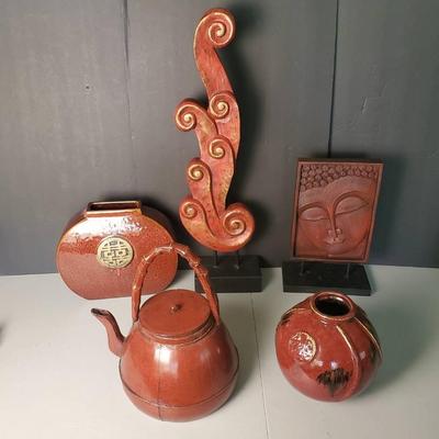 Asian Inspired Decor: Wood Teapot, Ceramic Vases, Resin Buddha, Flame Sculpture 28”h