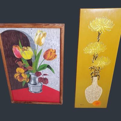 MCM Daffodil Print Framed 30x20” & Chrysanthemum Painting 34x12” 