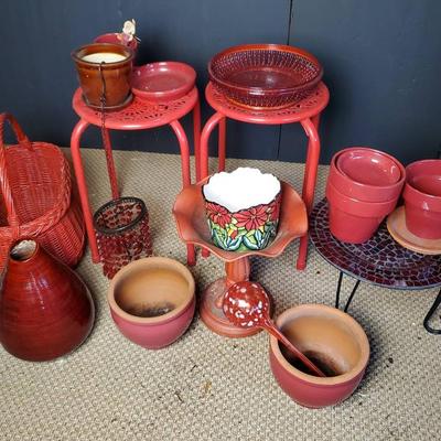 Planters, Plant Stands, Birdbath & More In Red Tones
