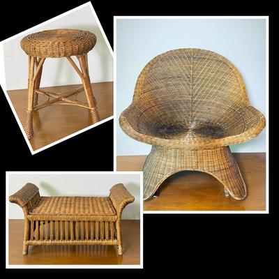 Wicker Chair, Ottoman & Side Table