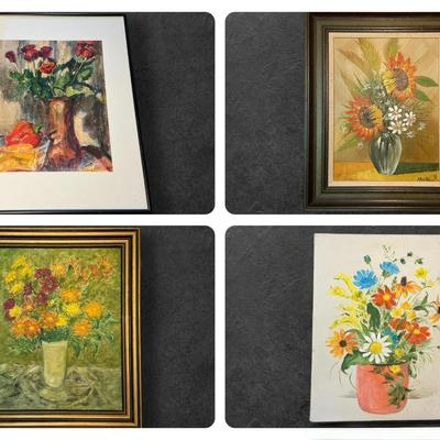 Four Floral Still Life Paintings - Largest 23.5x20"
