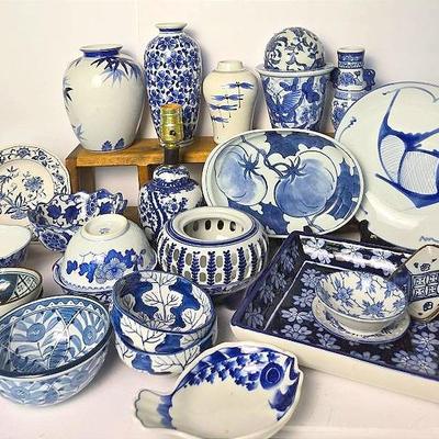 Blue & White Ceramics: Lamp, Vases, Carpet Ball, Dishes, More
