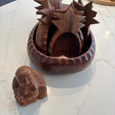 Vintage Pineapple Serving Set And Laughing Buddha Carved Figure