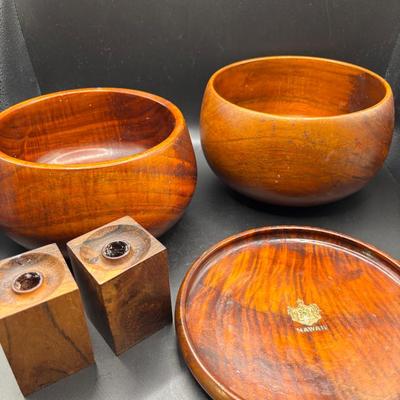 Vintage Japanese Wood Serving Bowls With Candle Holder Lot