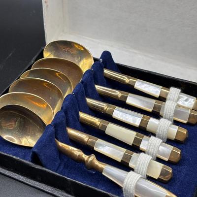 Vintage Brass And Mother Of Pearl Spoon Set