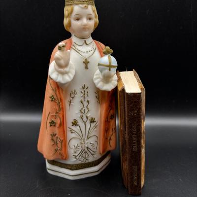 Vintage Bishop Figurine And Mini Wood Covered Bible 