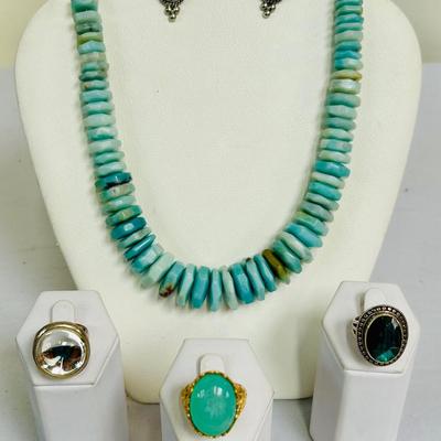 Jay King 18” Sterling Larimar Necklace / 925 Rings / Earrings