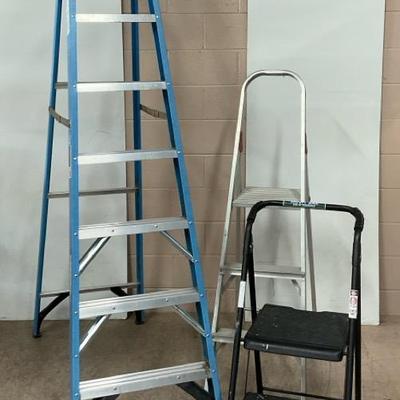8’ Werner Fiberglass Ladder, 1’9” Step Stool, & 3’ Davidson Step Ladder