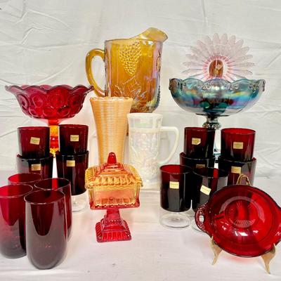 LE Smith Moon And Stars Amberina Pedestal Bowl And More Indiana & Red Glass! 