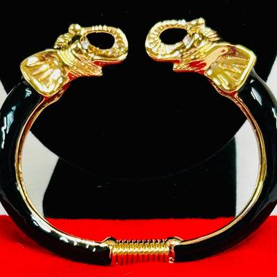 Elephant Cuff Bracelet, Kenneth J Lane KJL, Crystal, Black Enamel & Goldtone