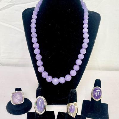 925 Sterling and Lavender Jadite Beaded Necklace & 925 Gemstone Rings