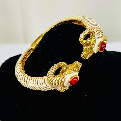 KJL Kenneth Jay Lane Goldtone / White Enamel / Red Stone Rams Head Bracelet