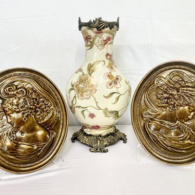 Asian Chinoiserie Floral Footed Urn Vase & Cameo Plaques