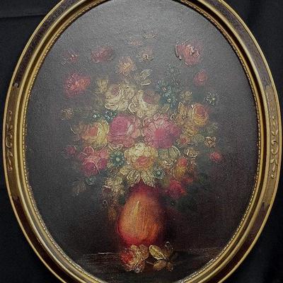 Vintage Floral Still Life in Ornate Gilded Oval Frame
