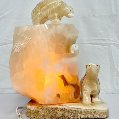 Three Polar Bears Onyx Carved Sculpture Table Lamp
