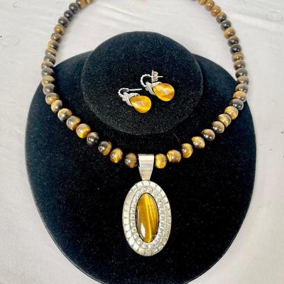 Carolyn Pollack Sterling & Tigers Eye Pendant Necklace With Earrings