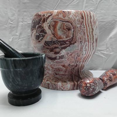 Set of 2 Marble Mortar & Pestles W/ Black & Red Veined Accent