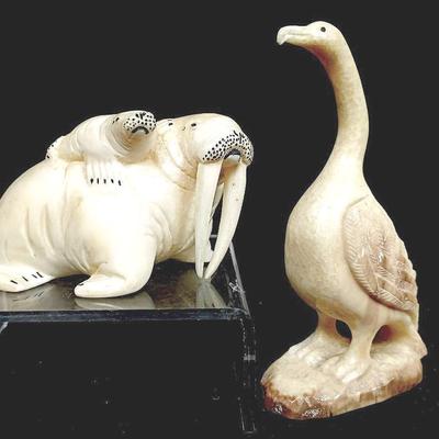 Beautiful Walrus And Goose Carved Stone Animal Figurines Duo