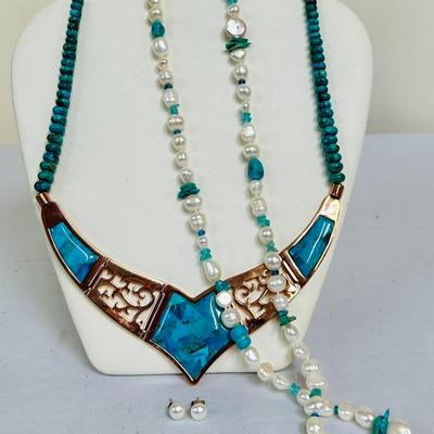 Necklaces:  Honora Freshwater Pearl & Turquoise / Jay King Copper & Inlay Turquoise