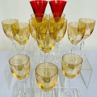 (2) Red Waterford Champagne Flutes / (12) Iridescent Wine Glasses 