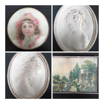 Eclectic Vintage Art Lot – Framed Vernon Wooten, Porcelain Reliefs, Victorian Prints & More