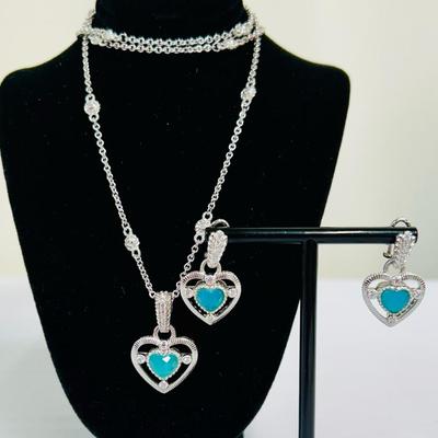 Judith Ripka Heart Necklace & Earrings 925 Sterling Signed Turquoise Blue