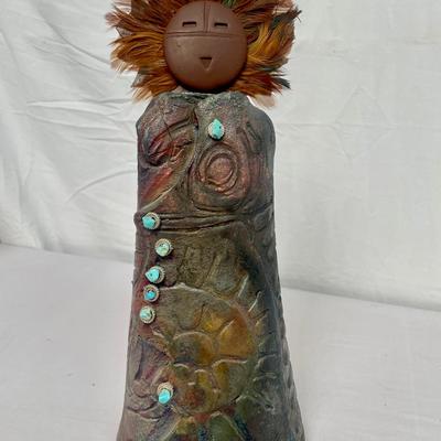 Raku Fired Shaman Sculpture With Turquoise 