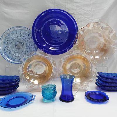Stunning Lot of Cobalt Blue & Iridescent Art Glass Servingware