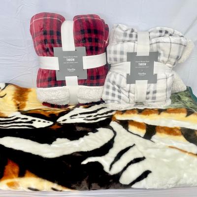 Large WIN Tiger Blanket & Two Unopened Classic Sherpa Plaid Throws