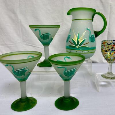 Hand Blown & Painted Mexican Martini Glasses, Pitcher + Confetti Glass 
