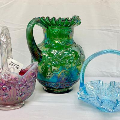 Bill Fenton Handblown Carnival Glass Feat. “One Apple Tree” Pitcher & More