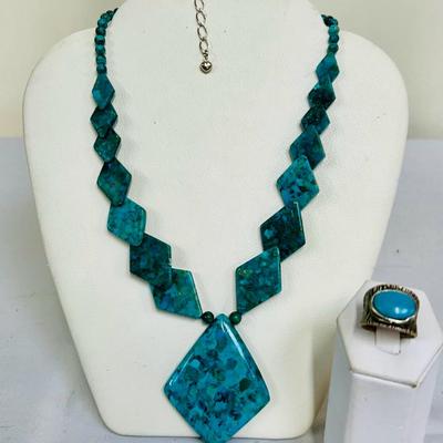 Stunning Jay King Diamond Shape Turquoise & Sterling Necklace, 925 Ring