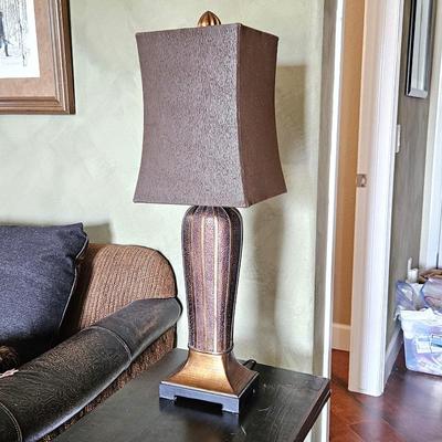 Vintage Style Copper-Tone Table Lamp with Brown Square Shade 30" Tall Textured Base