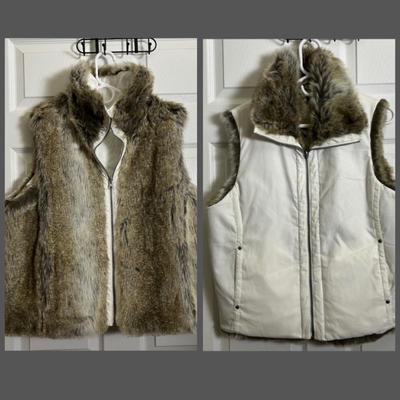  Weatherproof Dual-sided Vest with White Shell and Faux Fur - Size Large