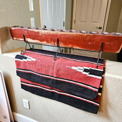 Southwestern Wool Throw Blanket 30x60 & Rustic 38" Wood Votive Candle Holder w/ Wrought Iron Stand