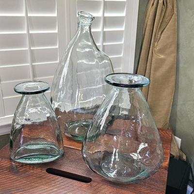 Set of 3 Hand-Blown Recycled Glass Bottles Vases 19" 12" 10" Rustic Clear Decor Centerpiece
