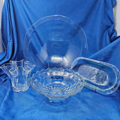 Lot of Crystal & Glass for The Kitchen - Fostoria Footed Bowl, Large Serving Bowl, Wavy Vase & Small Rectangle Platter