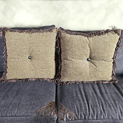  Pair of 20" Double D Decorative Throw Pillows with Leather Fringe & Button Tufting