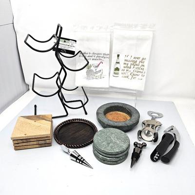  Wine Lover's Lot: Small 4-Bottle Wine Rack, Bottle Caddies One Heavy Marble, Coasters and Whimsical Towels