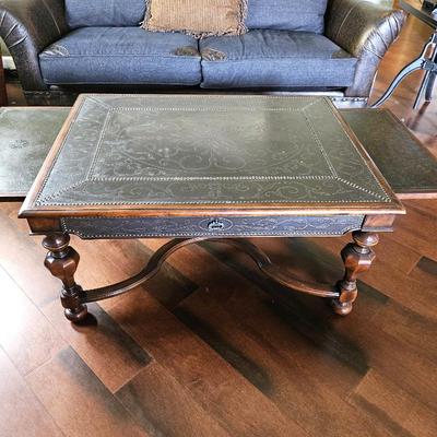 Metal & Leather Top Wood Coffee Table w/ Nail head Trim & Slide-Out Extenders w/ One Large Drawer 42"x32" 
