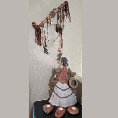 Native American Clay Figurine with Smoke Pipe and Decorative Rock Candles