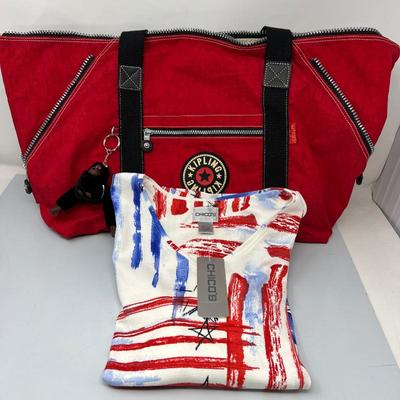 Kipling Red Canvas Duffle Bag with Monkey Keychain & Chico's 3/4 Sleeve Star Print Top