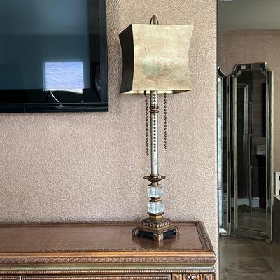 Vintage Style Table Lamp with Gold Shade, Crystal Accents, Decorative Base