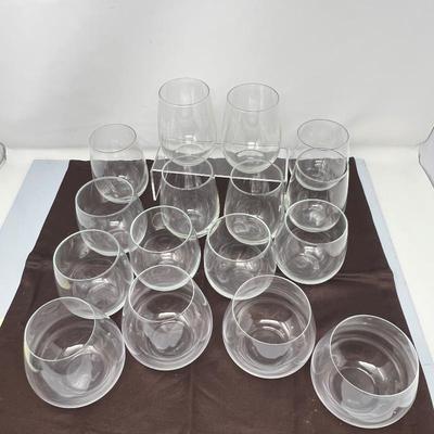 Four Riedel Crystal Wine Glasses (4.5” & 3.5”) Plus 12 more Stemless Wine Glasses in 2 sizes